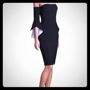 Off the shoulder bell sleeve sheath dress.